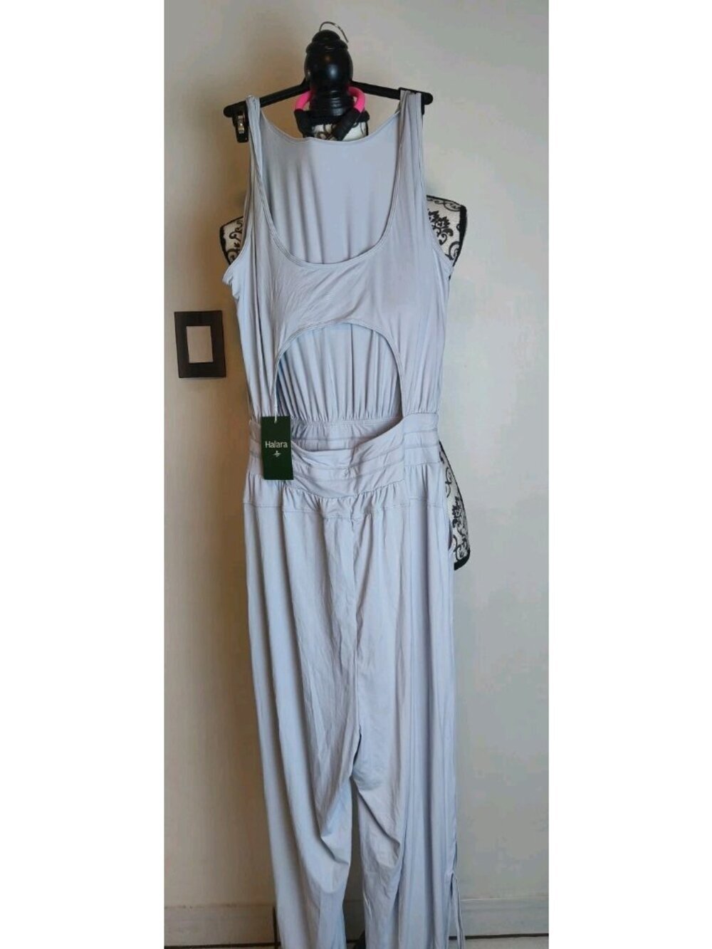 Halara NWT Cutout Waist Drawstring Wide Leg Jumpsuit Side Slit Gray Size M - Picture 4 of 13